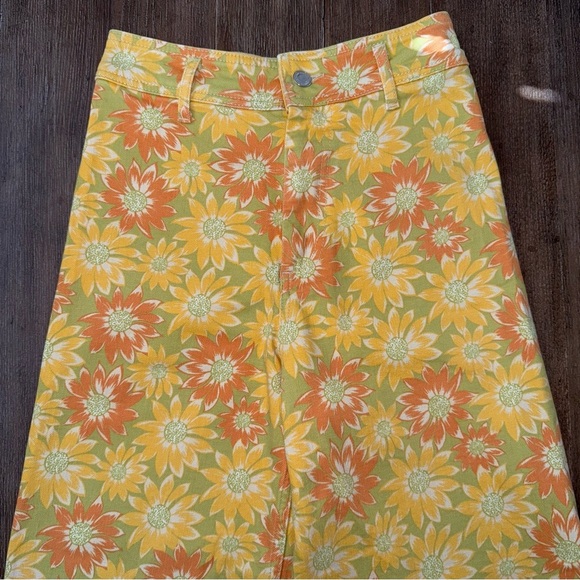 Zara Wide Leg Jeans High Rise Marine daisy Floral 70s Yellow - Picture 9 of 12